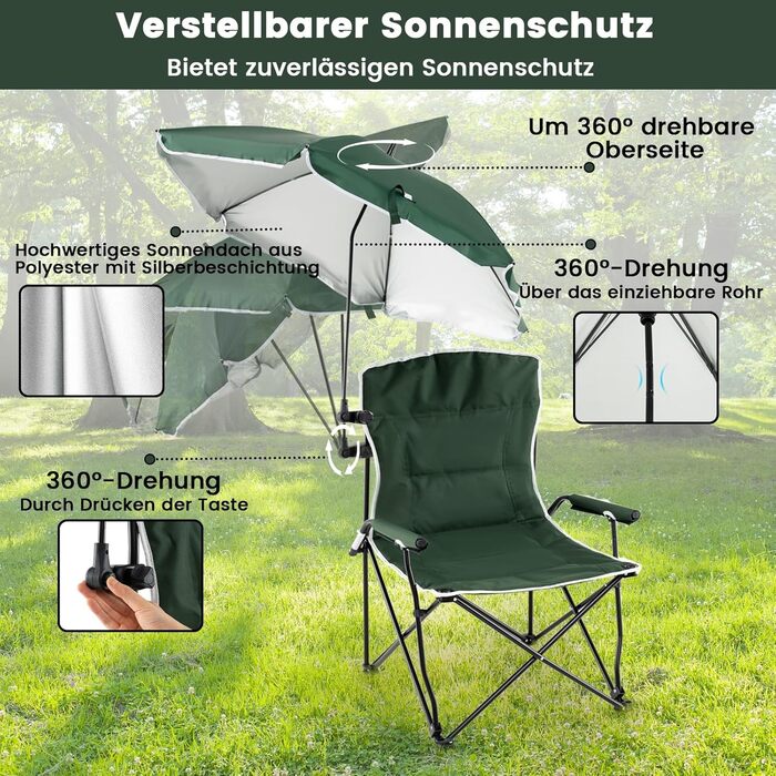 Складний туристичний стілець COSTWAY з сонцезахисним щитом, XXL, до 150 кг, з сумкою для перенесення, для кемпінгу та риболовлі