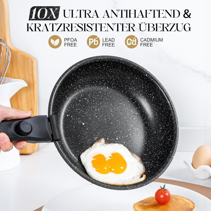 Набір сковорідок Michelangelo 4 шт. (20/24/28 см) знімний ручка, для індукції, антипригарне покриття мармур, до 240°C, чорний