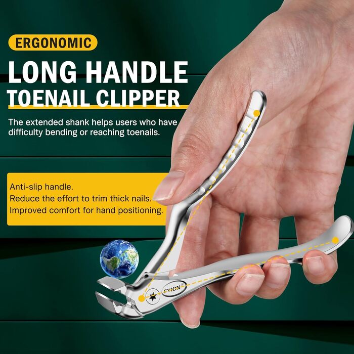 FVION Ножиці для нігтів для людей похилого віку – професійні ножиці для нігтів на ногах, для товстих нігтів, з довгим руків'ям, для чоловіків та жінок (сріблясті)