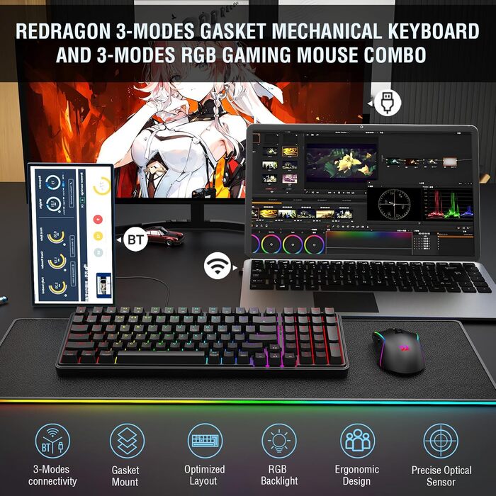 Redragon K628 Тримодова Бездротова Механічна Клавіатура та Миша, 8000 DPI, Чорний (S162)