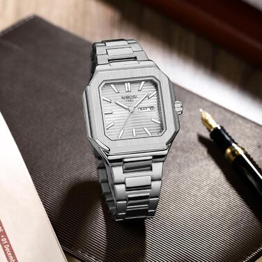 Годинник чоловічий NIBOSI: кварцовий годинник з нержавіючої сталі, мілітарний стиль, квадратний корпус, водостійкий, білий циферблат, для бізнесу та повсякденного носіння