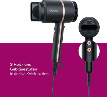 Фен Beurer HC 35 з іонізацією, чорний: потужний, з насадкою, LED-дисплей, для блискучого волосся