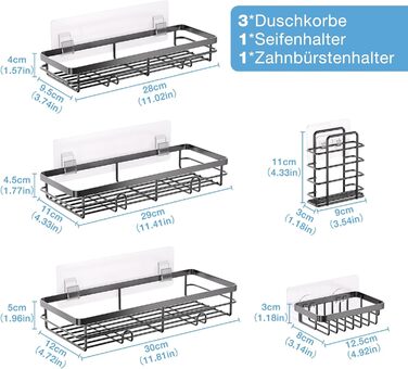 Поличка для душу без свердління, 5 шт. Органайзер для ванної кімнати, кутова поличка для душу з гачками, самоклеюча поличка для ванної та кухні (Чорний)