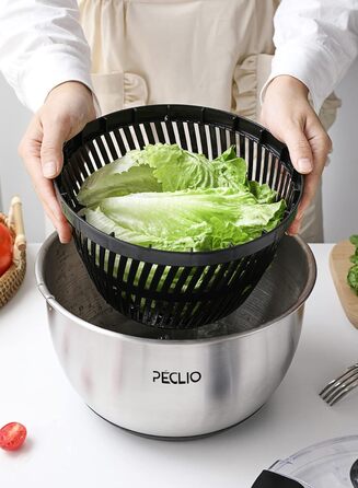 Large 4.5L Salad Spinner Stainless Steel 18/10 High-Quality with Transparent Lid, Non-Slip Bottom - Salad Spinner with Crank Mechanism - BPA-Free & Dishwasher Safe, Black