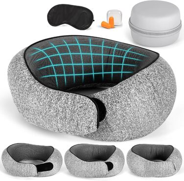 Подушка для шиї у літак з піною Memory Foam, регульована, компактна, з навушниками, маскою для сну та коробкою для зберігання