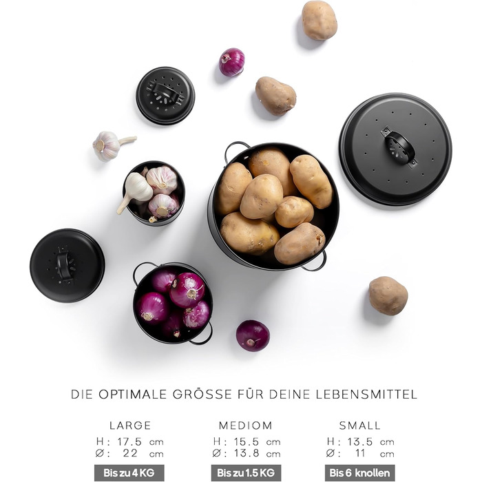 Potato Storage Boxes [3-Piece Set] - with 360° air circulation keeps vegetables fresher for longer - the ideal way to store onions, potatoes, and garlic (Black)(Vienna)