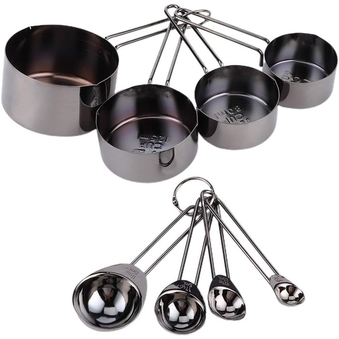 8-Piece Measuring Cup and Spoon Set, Measuring Spoons and Cups Made of Food-Grade Stainless Steel with Scale, Small Measuring Cups with Angled Spout (338g - Black)