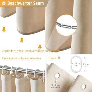 Штора для душу BTTN 120x180 см, бежева, льон, антигрибкова, водонепроникна, поліестер, з гачками