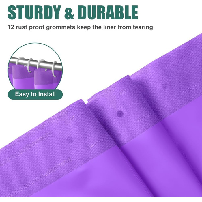 Шторка для душу URAQT, антигрибкова, водонепроникна, швидковисихаюча, 180x180 см, з 12 кільцями, для ванни, білий/базовий (фіолетовий)