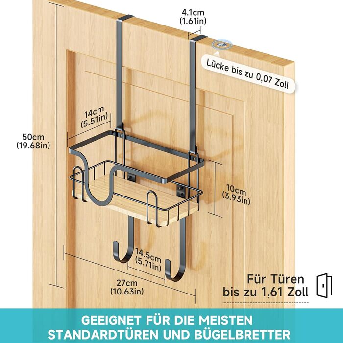 Настінна підставка для прасувальної дошки з кріпленням над дверима, чорна, з великим кошиком та знімними гачками