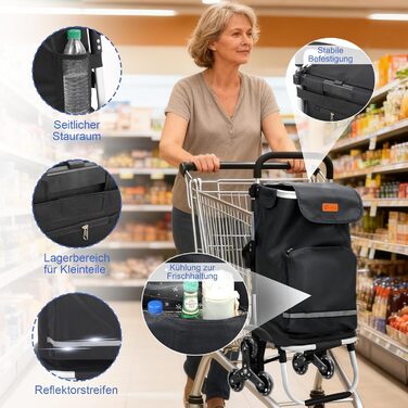 Тролей для покупок Sekey XXL з підйомником для сходин, 3 колеса, для кемпінгу та покупок, регульована ручка, алюміній 3-в-1, з відділенням для їжі та напоїв, чорний