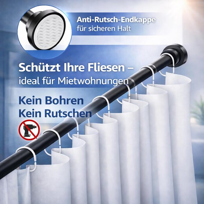 Дзеркальна штанга для душу Onpira® без свердління – нержавіюча штанга для штори для душу та гардини | 5 розмірів 40–230 см | 3 кольори: чорний, білий, нержавіюча сталь | Міцне кріплення до 12 кг, штанга 230 см