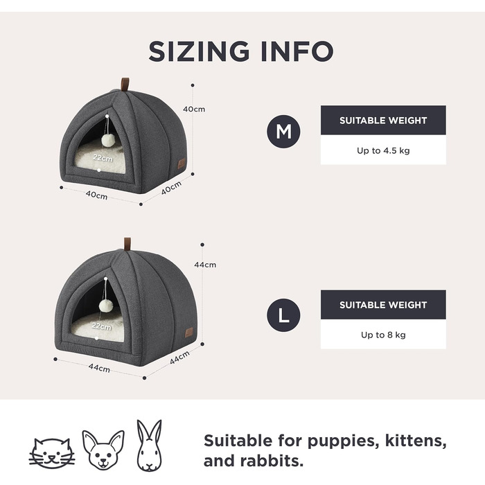 Ліжко для котів BEDSURE - велика печера для котів, 44x44x44 см. Знімний лежак з Sherpa та іграшками. Легко миється. (40x40x40 см, темно-сірий)