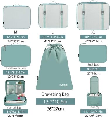 Набір органайзерів для валізи BAGAIL (8 шт.), Packing Cubes, Набір для подорожей та організації речей у валізі (Блакитний)