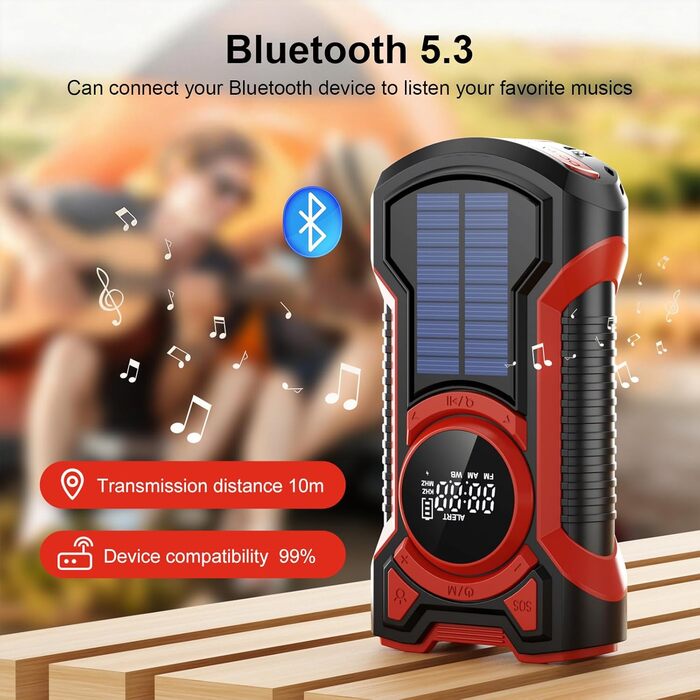 Радіо на сонячній батареї та ручному приводі Gemmac 5000mAh з Bluetooth, USB AM/FM, Power Bank, SOS-сигналом та ліхтариком - для кемпінгу та виживання (Червоне)