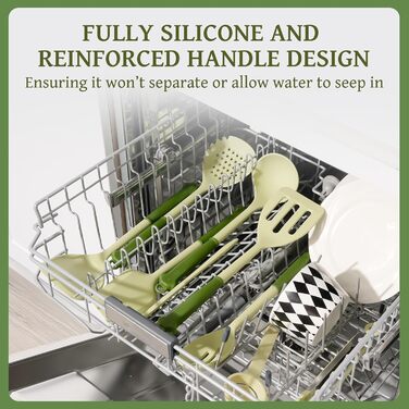 Набір кухонних аксесуарів Kikcoin 43 шт. – Силіконовий набір кухонних інструментів, безпечний для миття в посудомийній машині, лопатки для антипригарного посуду, стійкий до 230°C, кухонні помічники з підставкою, BPA-free, колір: авокадо