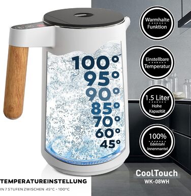 BALTER Stainless Steel Kettle with Temperature Setting, 45°C-100°C, Double-Walled, BPA-Free, Quiet & Cordless, Keep-Warm Function, Tea Kettle with Temperature Display, 1.5L, 2200W, Black (White)