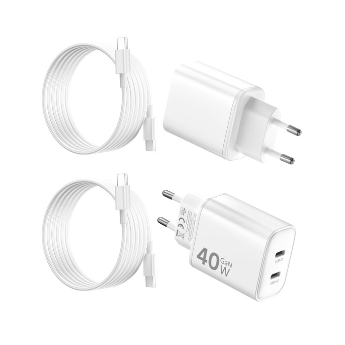 Зарядний пристрій 2x40W USB-C для iPhone 17 Pro Max/Pro/16/15 Plus, iPad Pro/Air, з кабелем 2м (Білий)