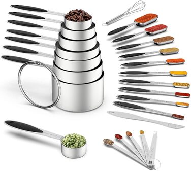 Measuring cup and measuring spoon set, stainless steel, 8 measuring cups, 10 measuring spoons, 1 level, 1 whisk, and 5 mini spoons, for dry and liquid ingredients, 25 pieces, multicolored