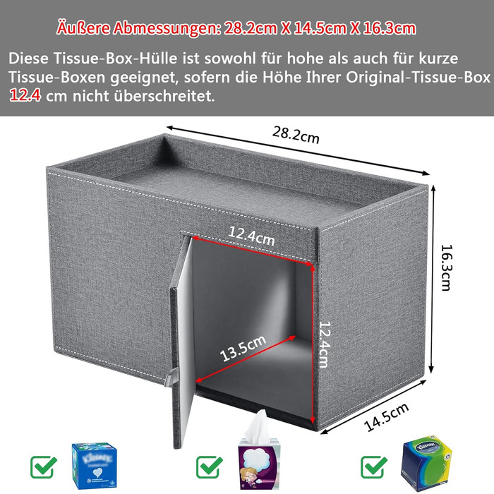 Tissue Box Linen with Drawers, Square Cosmetic Tissue Box with Magnetic Closure, Tissue Box with Side Pocket for Mobile Phones, Cosmetic Brushes, Remote Controls, Office Supplies, Perfumes (Gray)