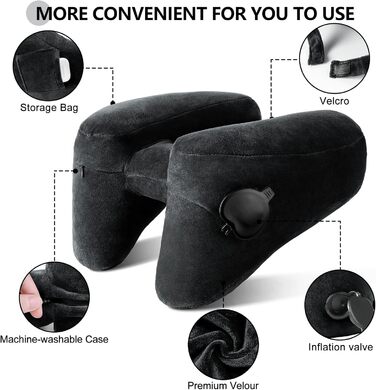 Sunany Neck Pillow Airplane with Hood, Travel Pillow for Airplane and Car Travel, Inflatable and Comfortable Travel Neck Pillow Adults, Supports Head, Neck, and Chin - Black