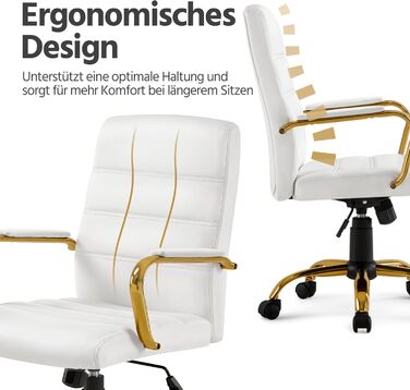 Офісне крісло Yaheetech з ергономічною спинкою, поворотне, з роликами та підлокітниками, до 130 кг, білий/золотий