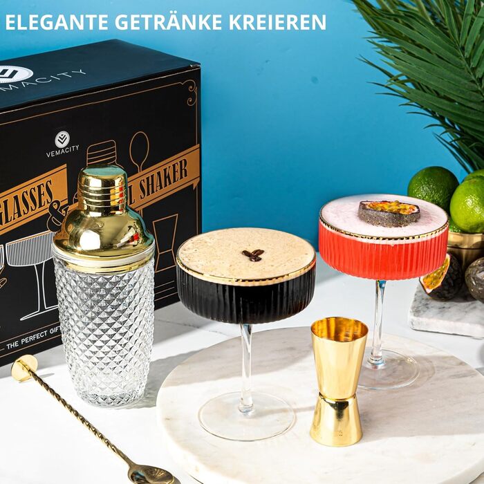 Набір для коктейлів Vemacity: шейкер (500 мл) + 2 келихи Espresso Martini з золотим обідком, барна ложка та джиггер | Набір бармена | Келихи та шейкер для коктейлів | Ідеальний подарунок на Різдво та Новий рік. Золотий шейкер та класичні келихи Martini