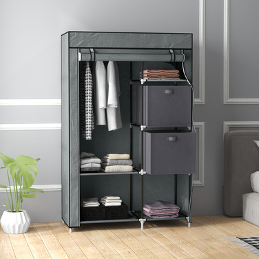 HOMCOM Fabric Wardrobe Folding Closet with Drawers and Clothes Rail Dark Grey with Zippered Non-Woven Fabric for Space-Saving Storage