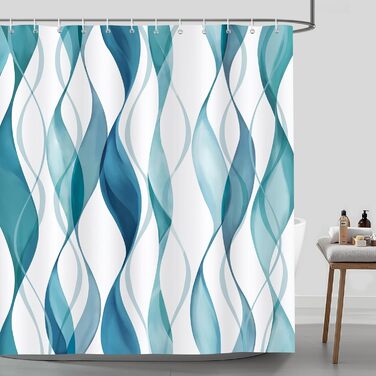 Шторка для душу Bonhause 180x180 см, водонепроникна, антигрибкова, смугаста, поліестер, для ванної кімнати, з 12 кільцями, колір Teal