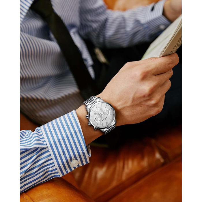 Чоловічий годинник MEGALITH з нержавіючої сталі, хронограф, водонепроникний: велике циферблат, дата, стильний подарунок для чоловіків (8345 Silver)