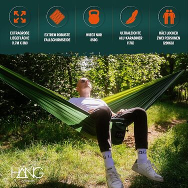 Гамак HÄNG XXL 300x170 см для 2 осіб - вуличний, вологостійкий, ультралегкий (850г), навантаження до 200 кг. З парашутної тканини для кемпінгу, подорожей та саду + комплект кріплень Forest & Green