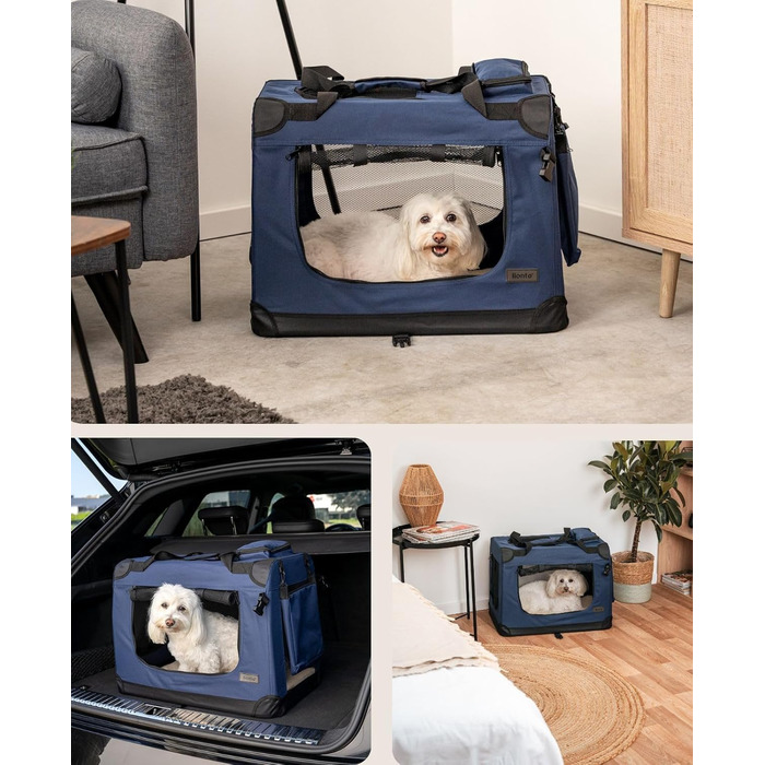 Транспортна переноска для собак та котів Lionto, 50x34x36 см, складана, з ручками та ковдрою, до 10 кг, темно-синя