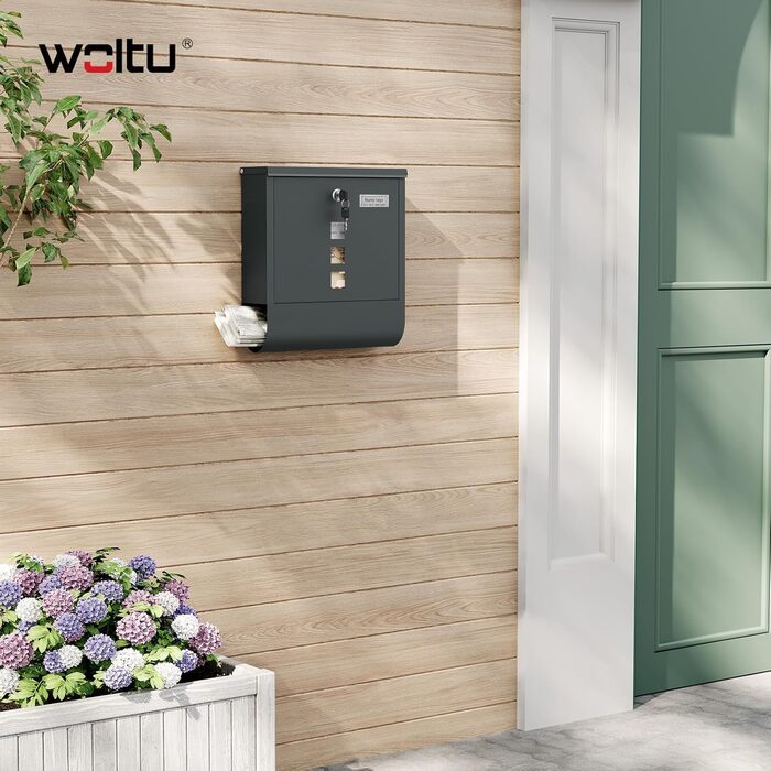 Поштовий ящик WOLTU з газетницею та вікном, замок, табличка для імені, вуличний, антрацит 37x37x10.5 см