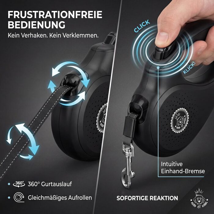 Висувна поводок для собак HUND IST KÖNIG 5м для малих та великих собак | Міцний поводок з комфортною ручкою | Білий | Чорний (M, 5м, до 25кг)