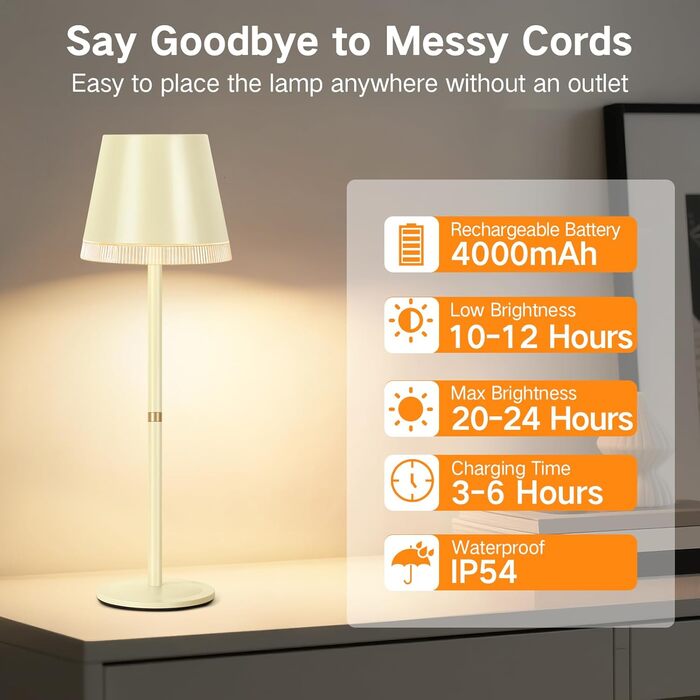 Світлодіодна настільна лампа OUTON бездротова з акумулятором, USB-C, 4000mAh, 3 режими світла, диммування, сенсорне управління, зелений (бежевий - 2 шт)