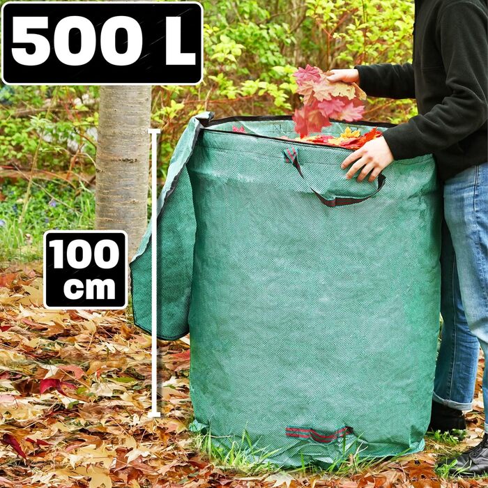 2x Мішок для садового сміття з кришкою 500 л XXL, листяний мішок з 4 міцними ручками, складаний, поліпропілен