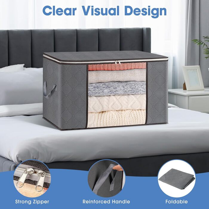 Органайзери для зберігання AIOR, 4 шт., 90 л, сірі. Коробки для зберігання постільної білизни, одягу, ковдр, подушок. Розмір 60x40x35 см