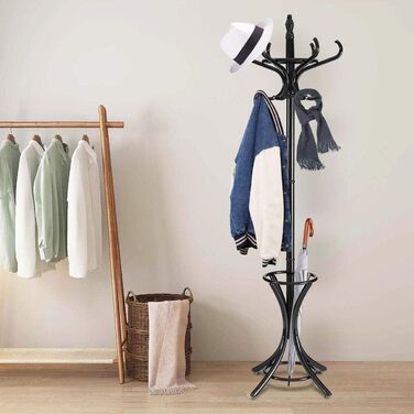 GIANTEX Coat Rack with Umbrella Stand, Clothes Rack Wood with 12 Clothes Hooks, Coat Tree Wood Freestanding, Standing Coat Rack for Entryway Living Room (white) (black)