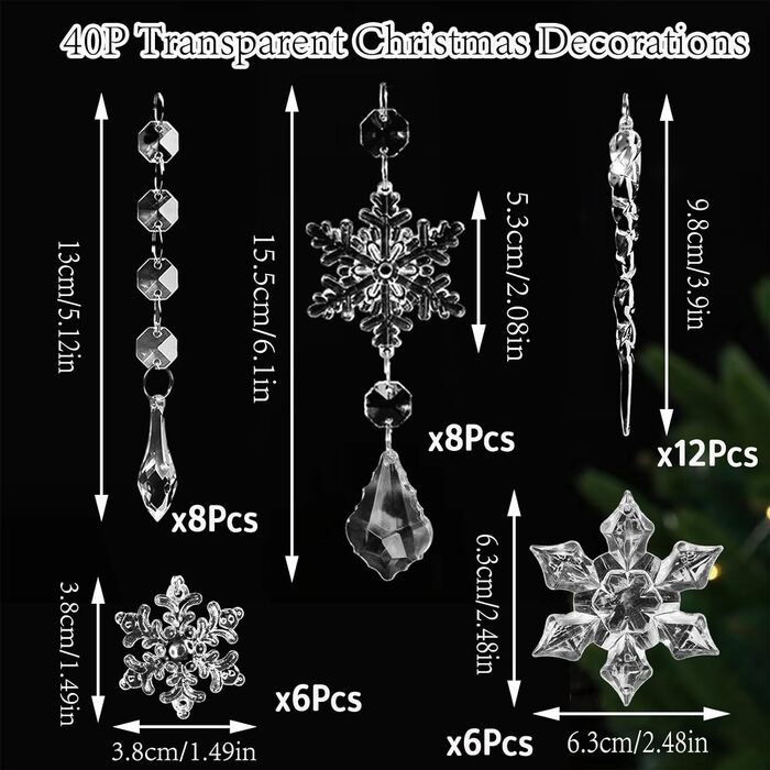 Christmas Tree Ornaments Snowflake Transparent, 12 Pieces Acrylic Snowflakes Decoration Crystal Christmas Tree Decorations Decoration Winter Christmas Ornaments (9.5CM)