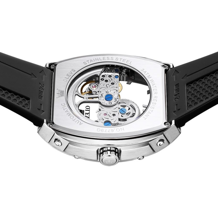 Чоловічий скелетон годинник OLEVS автоматичний, розкішний годинник зі сталевим браслетом, водонепроникний, з календарем та підсвіткою (Срібно-чорний)