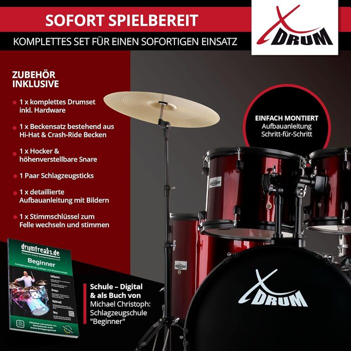 XDrum Rookie 22' барабанний комплект Ruby Red - ідеальний для початківців, стильна фурнітура, з паличками 5B та інструкцією