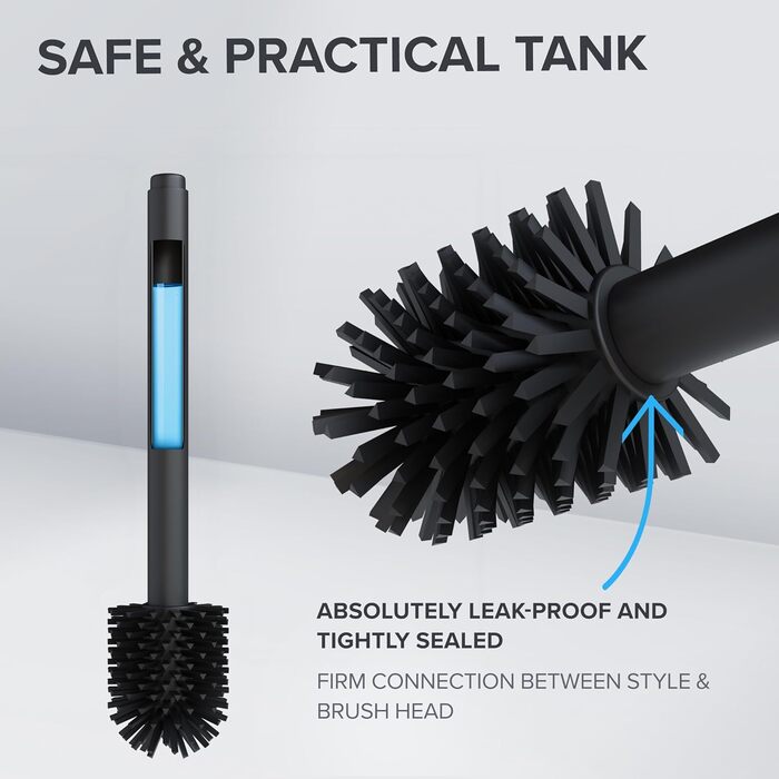 Торцева щітка для унітазу Arosund | Силіконова щітка для унітазу | З вентиляцією | Свободно стояча | Головка щітки для унітазу з нержавіючої сталі | З резервуаром для миючих засобів | Знімний піддон для крапель | Щітка для унітазу (Чорний)