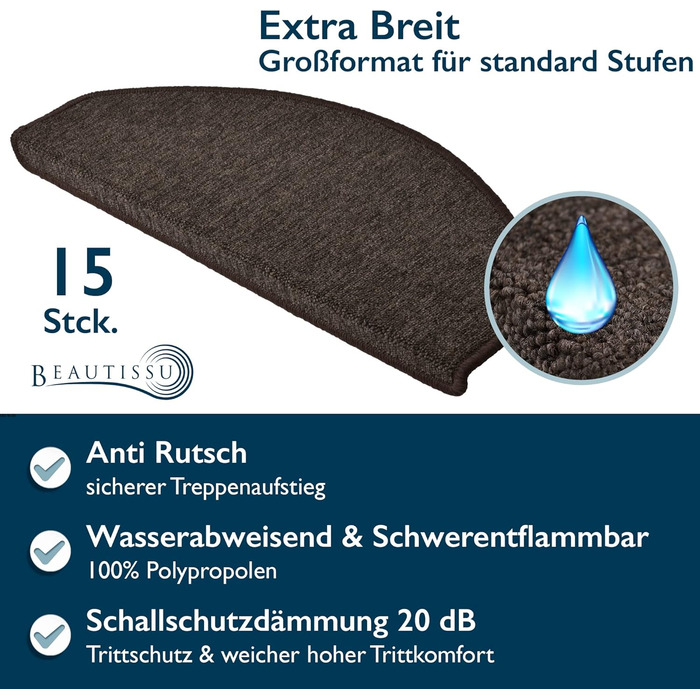 Beautissu Non-Slip Stair Treads - 55x15 cm - 15 Pack - Self-Adhesive Indoor Stair Mats - Carpet Stair Treads for Narrow Stairs - ProStair - Dark Brown