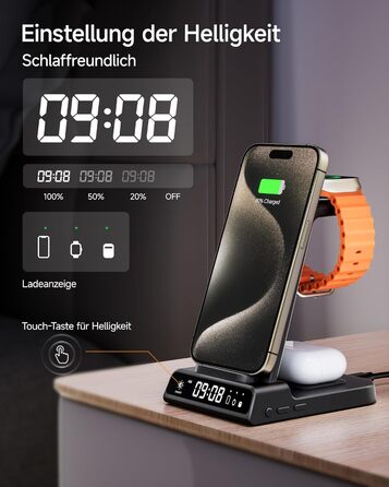 Бездротова зарядна станція 3-в-1 для Apple iPhone 16/15/14/13/12 Pro/Plus, Apple Watch Ultra 2/9/8/7/6/5, AirPods Pro/4/3/2 – Чорна