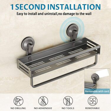 Поличка для душу Onemake з присосками, регульована, з гачками, органайзер для ванної кімнати з тримачем для рушників, матовий чорний (40 см, 1 шт.)