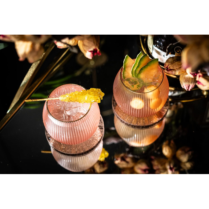 GLASSIQUE CADEAU Набір склянок для джину та тоніку Art Deco, рожеві з золотим кантом, 4 шт, 400 мл | Склянка для коктейлів з кришталю | Подарунковий набір для любителів джину