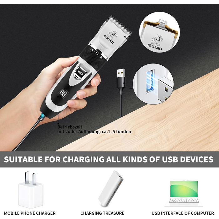 Електрична машинка для стрижки собак та котів, безшумна, USB, акумуляторна, бездротова, для собак та котів (біла)