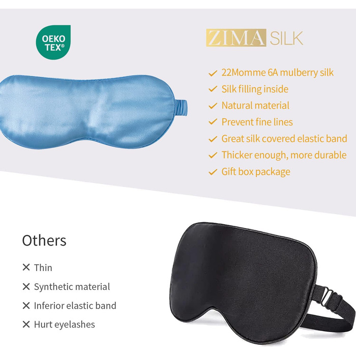 Маска для сну ZIMASILK з 100% чистої шовку морських вишневих дерев, 22 Momme, з наповнювачем з 100% шовку морських вишневих дерев, атласне кріплення, надзвичайно м'яка та зручна, темно-синій (небесно-блакитний)