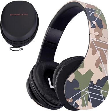 Дитячі навушники PowerLocus Bluetooth з обмеженням гучності 85dB, складні, з чохлом, Over-Ear, бездротові та з кабелем, з мікрофоном, підтримка Micro-SD, камуфляж (для телефону, ПК, планшета)
