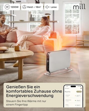 Електричний конвекторний обігрівач Mill 1200W, 14-18 м², Wi-Fi, енергозберігаючий, білий
